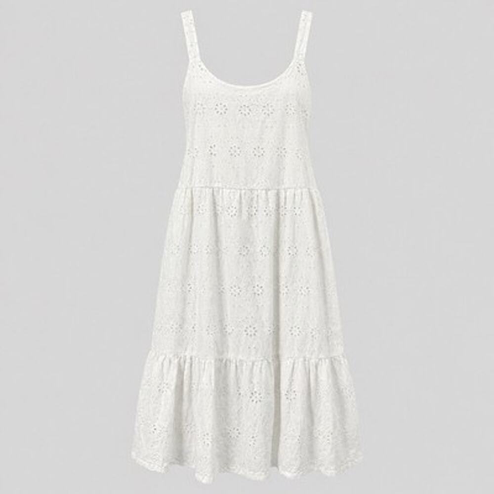 Lucky Brand Dress Small Women Strappy Tiered Eyelet White Cotton Cottagecore